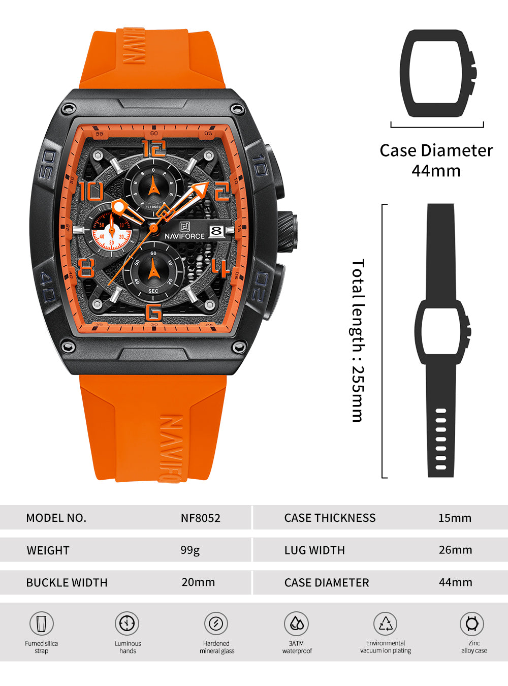 Naviforce NF8052 Luminous Hollow Dial Barrel-shaped Sports