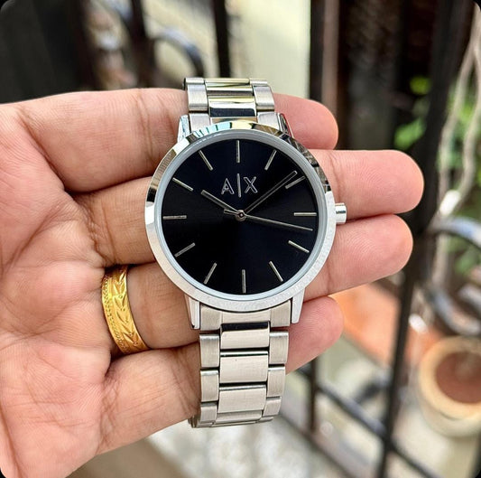 A|X Armani Exchange Silver Stainless Steel Watch with Black Dial
